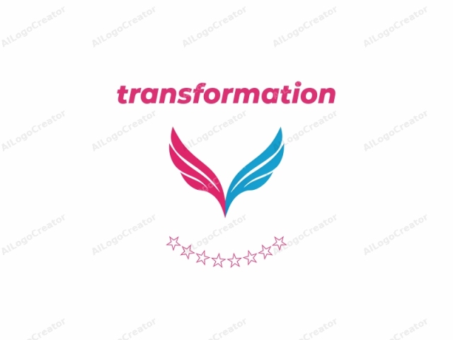 La imagen es un logo minimalista que consiste en alas estilizadas y abstractas. Las alas están divididas en dos secciones: el ala izquierda está coloreada en magenta brillante, y el ala derecha está coloreada en azul cielo. Las alas magenta y azul se encuentran