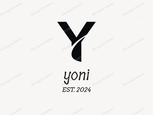 This is a minimalist black and white logo design. The central element is a large, bold letter "Y" with smooth, curved edges. The letter "Y" is depicted in a sleek, modern font, with a subtle diagonal line flowing from