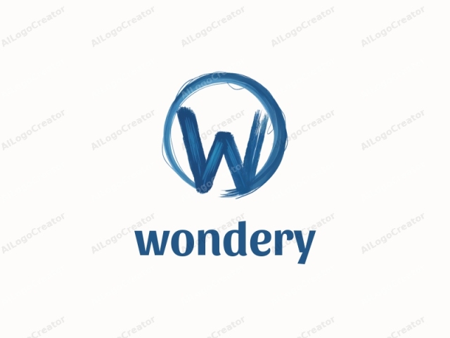 This digital image features a stylized, abstract logo with a simple, modern design. The main element of the logo is a large, bold, uppercase letter "W" formed in a thick, brush-like blue stroke. The letter "W"