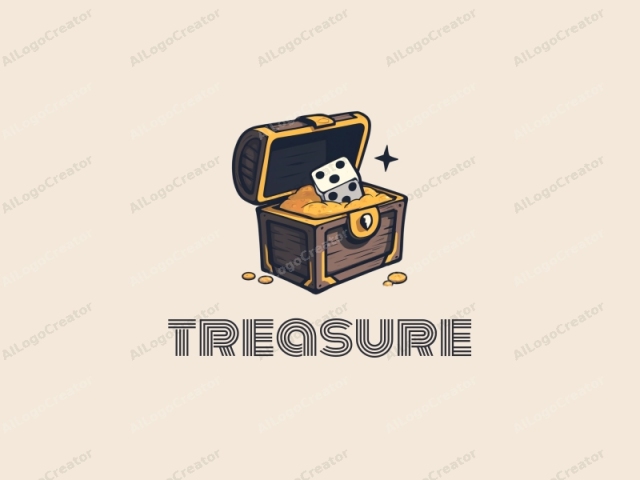 focusing on the texture and color scheme. This digital illustration depicts a wooden treasure chest with a simple, rustic design. The chest is open, revealing its contents: a pile of shiny gold coins at the bottom, a white dice with black spots,