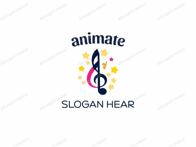 This is a minimalist digital logo with bold and colorful elements. The central focus is a large, dark blue treble clef. Positioned directly above the treble clef, there's a small, light orange music note. Surrounding the tre