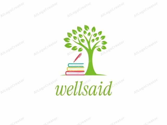 This is a minimalist digital illustration of a green tree with multiple leaves, standing on a simple green base. The tree's trunk is also green, with no visible branches. Beneath the tree, three thick books with colorful covers stack vertically, each