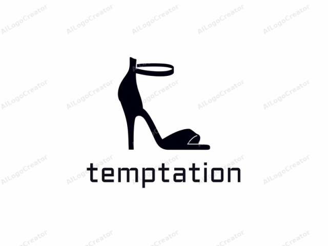 Este es un diseño de logo minimalista en blanco y negro de un zapato de tacón alto. El zapato se representa en una silueta negra sólida sobre un fondo blanco puro, lo que le da una apariencia nítida y moderna. El zapato está dibujado de manera limpia y moderna