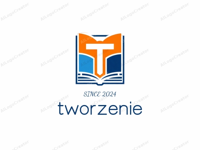 La imagen es un logo creado digitalmente que presenta un libro abierto estilizado con un símbolo "T" prominente y centrado. El libro está dividido verticalmente en tres partes iguales, con la sección central que contiene la "T" y flanqueada por azul y