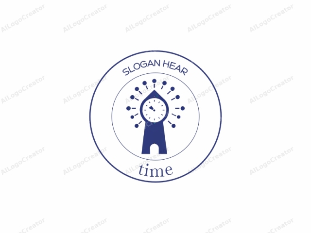 This digital logo features a stylized depiction of a clock tower. The central figure is a solid, inverted pyramid shape representing the tower, positioned slightly to the left. The tower is colored a deep navy blue, providing a sharp contrast against the white