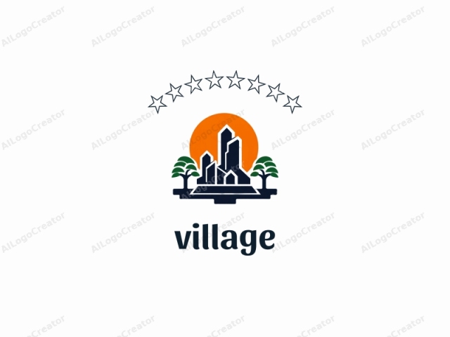 describing its elements, color scheme, and design style. This is a stylized logo featuring a simplified cityscape set against a vibrant orange backdrop. The cityscape comprises three dark grey skyscrapers, arranged in ascending order, with their bases broad