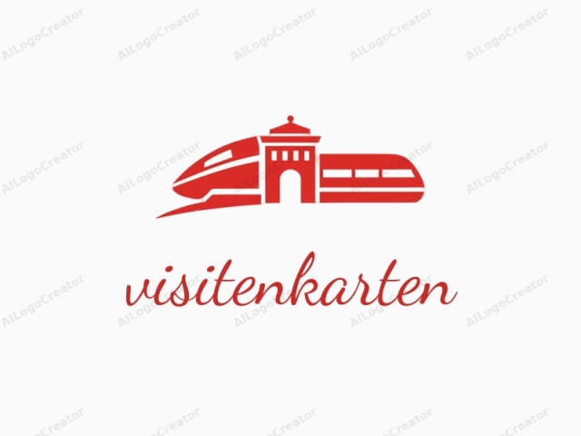 This image, in a minimalist digital vector style, depicts a stylized train and train station, both rendered in bright red on a stark white background. The train is depicted in an aerodynamic shape, emphasizing speed, with a rounded nose and sleek