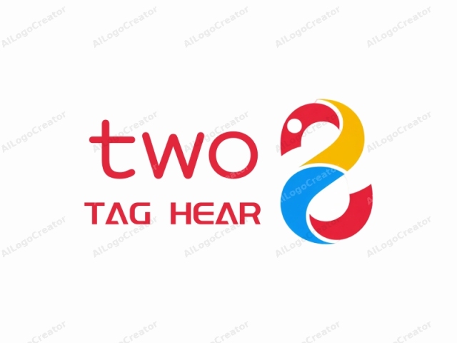 This is a stylized logo featuring a fluid, abstract design. The central element is a continuous, sinuous curve composed of multiple colors. At the top left, there is a small circle in red. The main body of the logo begins in