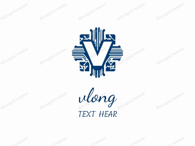 usando un lenguaje claro, conciso y descriptivo. Este es un diseño de logo que presenta una forma estilizada y azul de "V" centrada sobre un fondo blanco. La "V" es audaz y angular, con bordes afilados y limpios. Radiando desde la