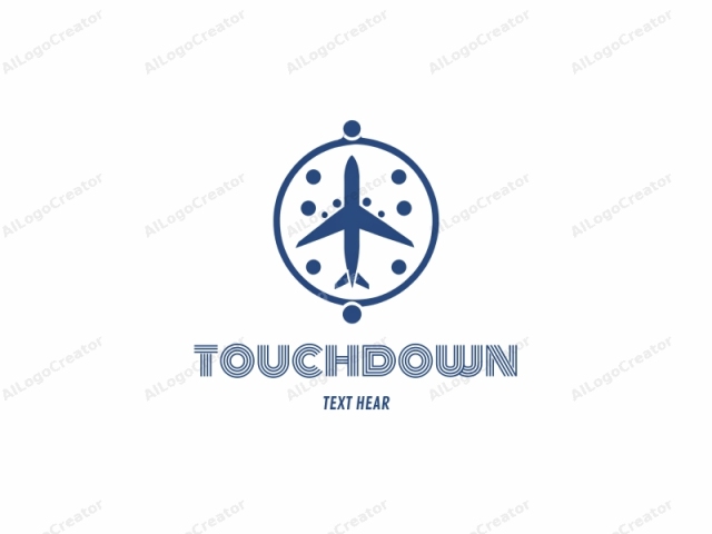 in a minimalist, vector-style design. This logo features a stylized depiction of a blue airplane with a white tail, set within a circular design. The circular design has a thin blue border and includes four small white dots arranged evenly around its circumference,