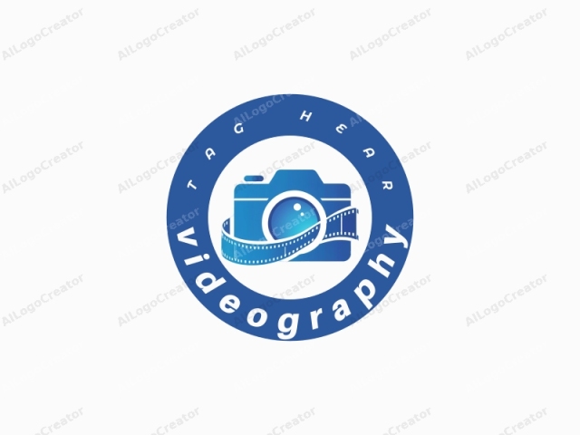 Dies ist ein minimalistisches, digitales Logo-Design mit einem stilisierten blauen Kamera-Symbol. Die Kamera-Silhouette ist überwiegend blau, mit einem Verlaufseffekt, der von einem dunklen Blau oben zu einem helleren Blau unten reicht, was ein Gefühl von Modernität vermittelt.