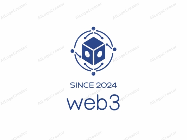 This logo is a simple, abstract, blue, vector graphic depicting a three-dimensional cube with a circular hole in each face. The cube is centrally located and serves as the primary focal point. Surrounding the cube are four equally spaced, circular nodes