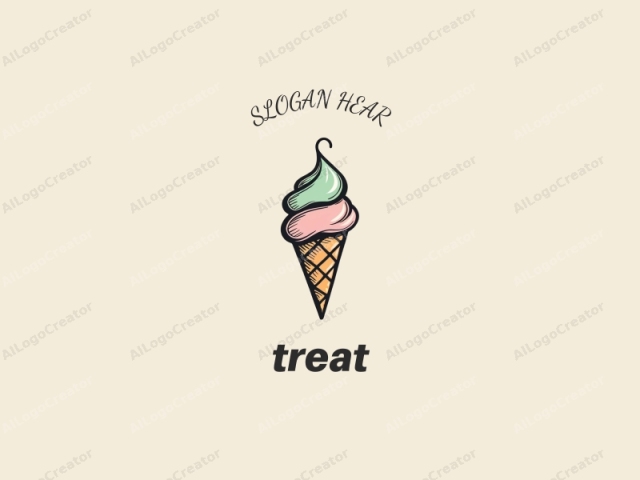 featuring a stylized, cartoon-like depiction of a cone-shaped ice cream. The image showcases a whimsical ice cream cone, characterized by vibrant colors and clean, simplistic line drawings. The ice cream consists of a soft pink scoop at the top,