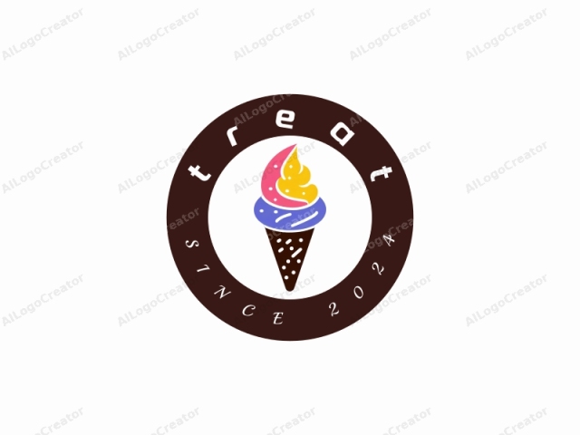 This is a simple, minimalist, and stylized illustration of an ice cream cone. The ice cream itself is depicted in three vivid colors: a bright yellow at the top, a deep pink in the middle, and a deep blue at the base