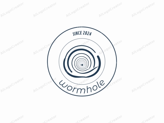 The image is a minimalist, abstract graphic logo composed of dark blue and black lines against a stark white background. At the center is a large, smooth spiral that starts as a single, wide loop and gradually narrows towards its center, where it