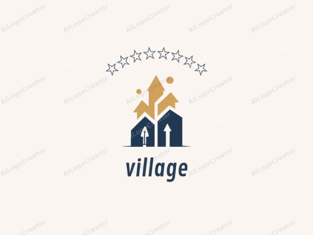 This is a minimalist logo featuring three stylized house silhouettes, each with a distinct color scheme. The houses are arranged from left to right, with the leftmost house in deep navy blue, the middle house in light golden yellow, and
