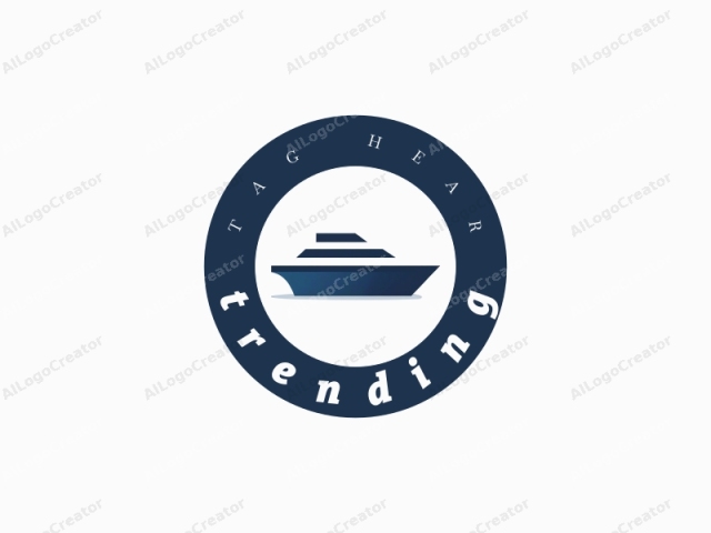 La imagen del logotipo representa una representación minimalista y abstracta de un yate de lujo. El yate está estilizado con líneas geométricas limpias y una paleta de colores monocromáticos, que incluye tonos de azul marino y blanco. Tiene un diseño moderno y elegante con un