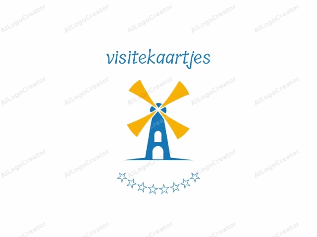 This is a minimalist logo design featuring a stylized windmill. The windmill is drawn in a simplistic, geometric manner, consisting of three prominent components: the main body, which is a blue, cylindrical shape; two large, symmetrical blades