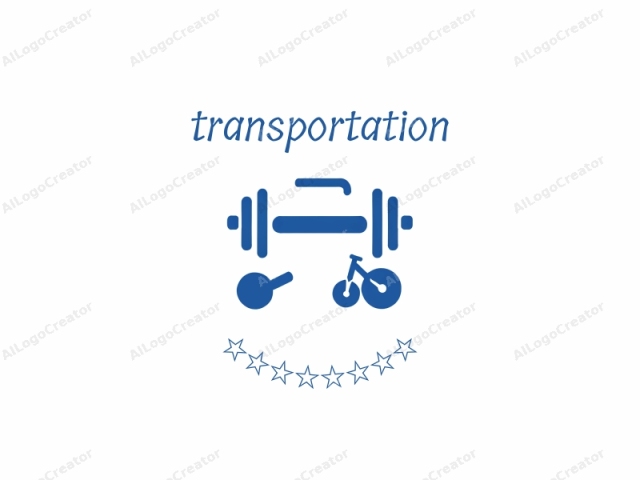 This is a minimalist vector graphic illustration done in a solid, uniform blue color. The illustration features two main objects: a dumbbell and a small tricycle. The dumbbell is depicted centrally with the handlebar running horizontally, and the dumbbell