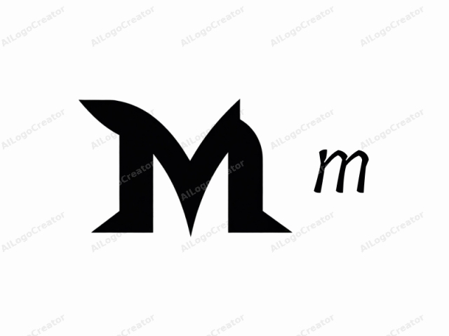 Este logo es un diseño minimalista en negro, audaz y geométrico. El diseño consiste en la letra "M" con un toque único y moderno. La "M" está estilizada en una forma angular y afilada con un borde afilado en la parte inferior.