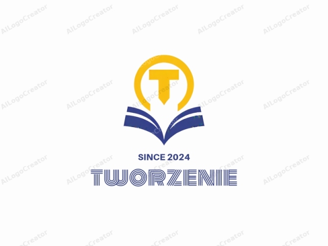 Este es un logo digital con un diseño limpio y moderno. Presenta un ícono atrevido y estilizado centrado sobre un fondo blanco. El logo consta de tres elementos principales: un gran círculo amarillo con una 'T' azul en el centro, representando