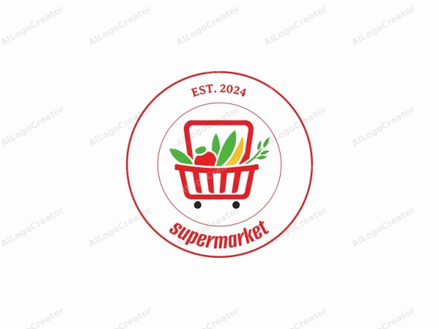 un carrito de compras de supermercado con colores vibrantes y un diseño limpio y moderno. El logo presenta un carrito de compras estilizado en rojo brillante, con un estilo de ilustración plano y minimalista. El carrito se muestra abierto, revelando una variedad de productos frescos en su interior