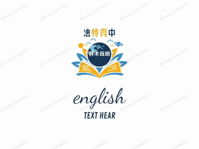 這是一個以白色背景為基礎的抽象風格插圖標誌設計。中央是一個大型的藍色球體，上面有白色的陸地，代表地球。球體上方是風格化的藍色、橙色和黃色葉狀形狀。