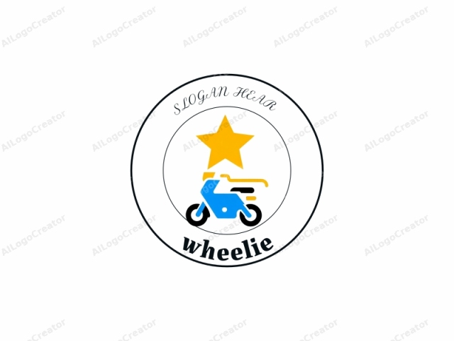 Dies ist ein minimalistisches, vektorstilgrafisches Logo, das eine stilisierte Darstellung eines Motorrads vor einem schlichten weißen Hintergrund zeigt. Das Logo besteht aus drei Hauptelementen: einem blauen Motorrad, einem großen gelben Stern und einem kleineren gelben Stern. Das Motorrad