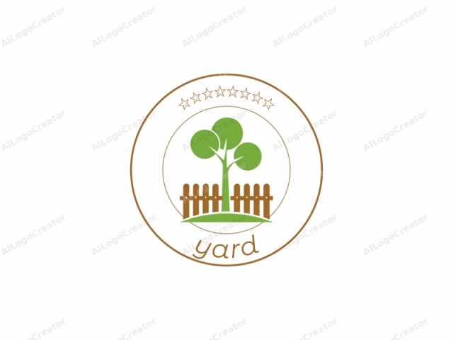 This is a minimalist logo design featuring a stylized green tree with three circular leaves at the top, positioned centrally. The tree's trunk and branches are solid green, creating a simplistic, yet recognizable tree form. Below the tree is a brown wooden