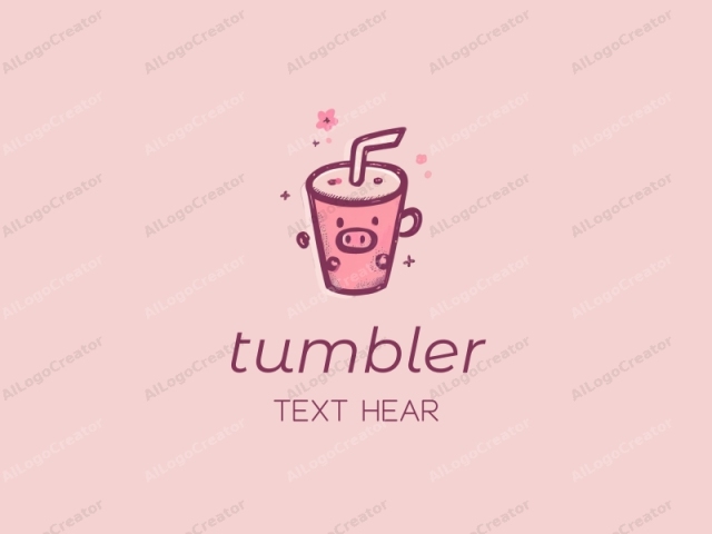 in a minimalist, playful, and pastel art style, featuring a stylized pig in a drink cup, with a whimsical and cute aesthetic. The pig, depicted in a soft pink hue, is adorned with simple black lines and dots, providing