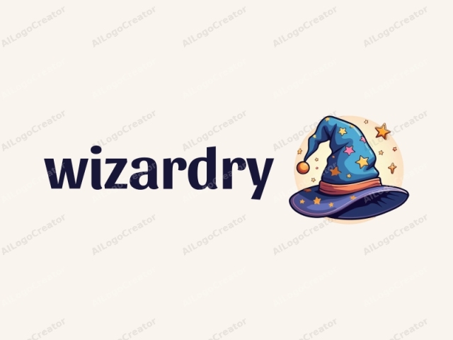 This is a digital illustration of a whimsical, fantasy-themed wizard's hat. The hat is depicted with a prominent, large brim that curves inward and has a slight taper, giving it a unique, asymmetrical shape. The brim is