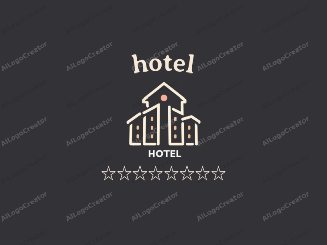 a hotel, which features a minimalist, abstract style. The design is created with clean, simple lines in a pale peach color on a solid dark gray background, giving it a modern and sleek appearance. The central icon represents a hotel with three distinct