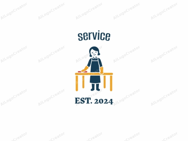 The image is a simple, vector illustration created in a clean, minimalist style. The subject is a woman depicted in flat, solid colors. She has dark blue hair and is wearing an orange apron over a dark blue dress. Her facial features