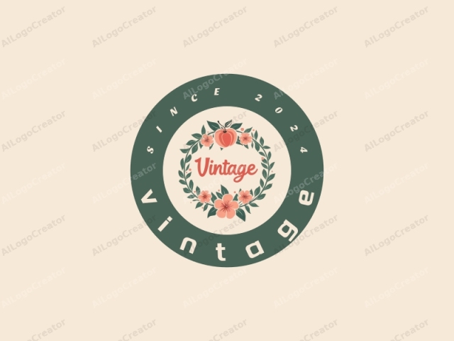 "Vintage"라는 단어가 꽃과 잎으로 이루어진 화환으로 둘러싸여 있습니다. 이미지는 무드 코랄 색상의 크고 스타일화된 꽃과 잎으로 구성된 원형 화환을 특징으로 합니다. 각 꽃은 세부적인 꽃잎 질감을 가지고 있습니다.