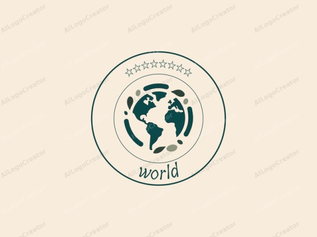 The image features a minimalist, abstract illustration of the Earth with a stylized, simplified design. Central to the composition is the globe, primarily depicted in dark green, representing landmasses. Surrounding the Earth is a circular band made up of