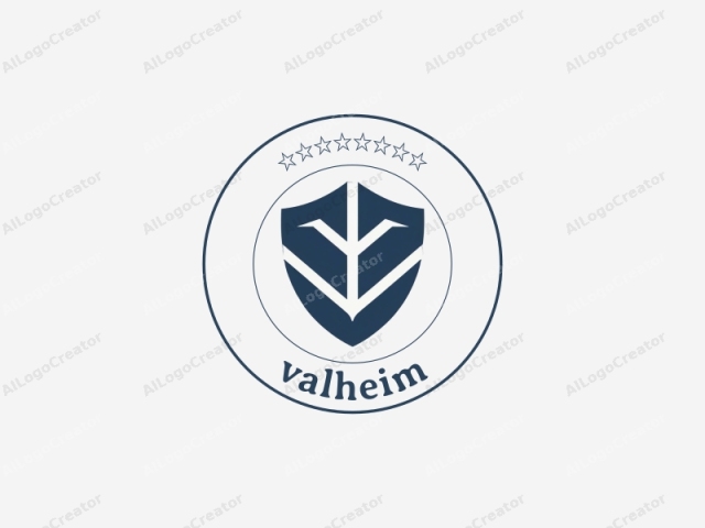 focusing on its artistic qualities. This is a minimalist digital logo design. The image features a dark navy blue shield centered against a plain white background. The shield has clean, geometric lines and a symmetrical structure, giving it a sense of strength and