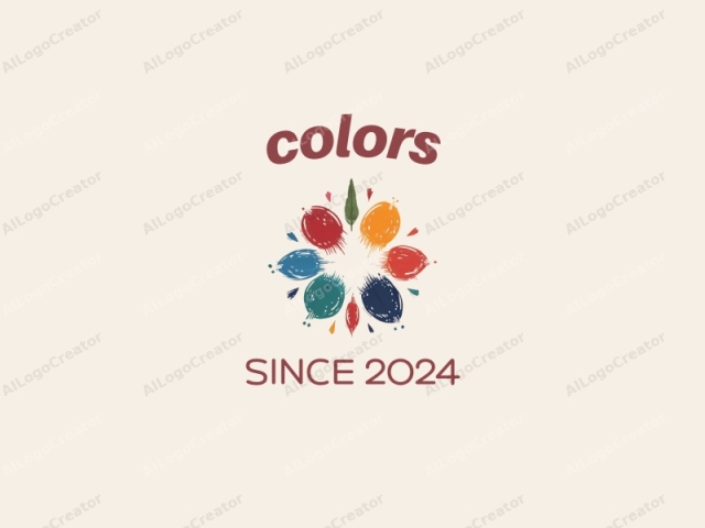 This digital artwork is a symmetrical, abstract, and colorful logo, featuring a floral arrangement with a minimalist style. At the center, there is a white void, representing a focal point. Surrounding the void, eight large, circular petals radi