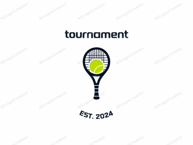 La imagen es un logotipo simple de estilo vectorial que presenta una raqueta de tenis sobre un fondo blanco liso. La raqueta de tenis se representa en negro sólido, con un mango azul oscuro, dándole un aspecto moderno y minimalista. Las cuerdas de la raqueta son