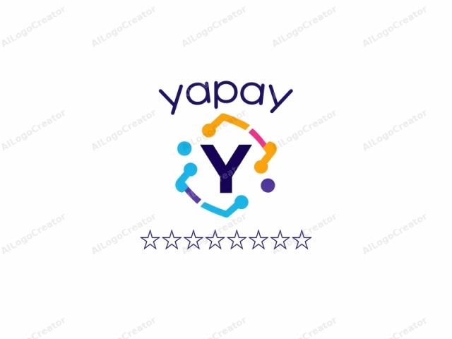 This is a minimalist digital logo featuring a prominent, bold letter "Y" in dark blue, occupying the central position. The letter is stylized and modern, with clean lines and a uniform thickness. Surrounding the "Y" are four colorful