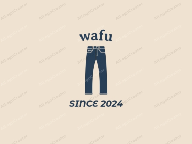 a pair of jeans. The image is a minimalist, vector-style illustration depicting a pair of jeans in a side view against a plain, beige background. The jeans are rendered in a solid, navy blue color, with fine white lines outlining various details