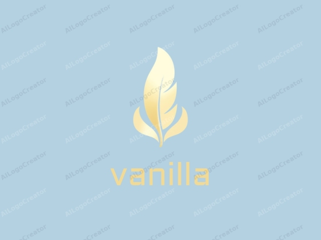 The image is a minimalist, abstract logo featuring a stylized feather set against a solid, pastel blue background. The feather, drawn in a smooth, golden-yellow gradient, is the focal point of the composition. Its shape is sleek and refined