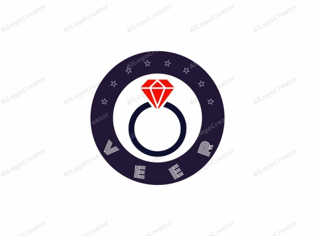 This is a minimalist graphic logo depicting a ring with a prominent gemstone at its center. The ring is represented by a solid, dark navy blue circle, symbolizing a band. At the center of the circle sits a red diamond-shaped gemstone