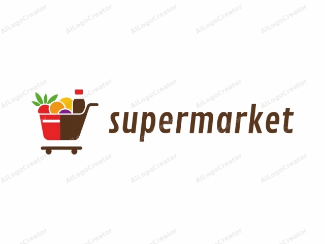 Este es un diseño de logotipo digital que presenta una ilustración simplificada de un carrito de compras lleno de comestibles. El diseño utiliza un estilo minimalista y moderno con líneas limpias y colores llamativos. El carrito de compras se representa con una canasta roja y un cuerpo marrón, dividido simétricamente