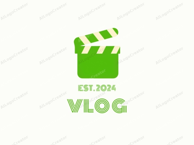 This is a minimalist digital graphic depicting a movie clapboard. The image features a flat, stylized representation of a traditional film clapper board. The background is a clean, plain white, which ensures the logo's vivid green and cream tones stand