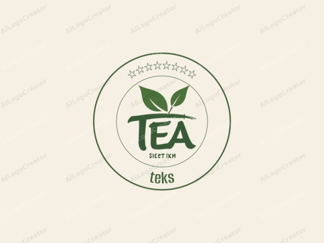 This is a minimalist logo design featuring a stylized, simplified representation of tea. The logo consists of two green, oval-shaped leaves positioned horizontally above the word "TEA" in lowercase letters, which are written in a bold, sans-serif font