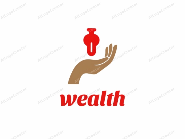 This is a minimalist digital graphic with a flat design style. The primary subject is a stylized hand, depicted in a smooth, brown color, palm facing upwards. The hand is simplified, with no detailed lines or shading, and is positioned in