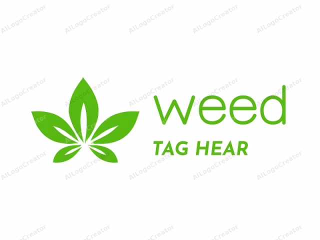 Dies ist ein minimalistisches Logo-Design, das eine stilisierte, vereinfachte Darstellung eines Cannabisblatts zeigt. Das Bild ist vor einem einfachen weißen Hintergrund platziert, der die lebendige grüne Farbe des Blatts betont. Das Blatt ist zentral positioniert und besteht aus drei breiten