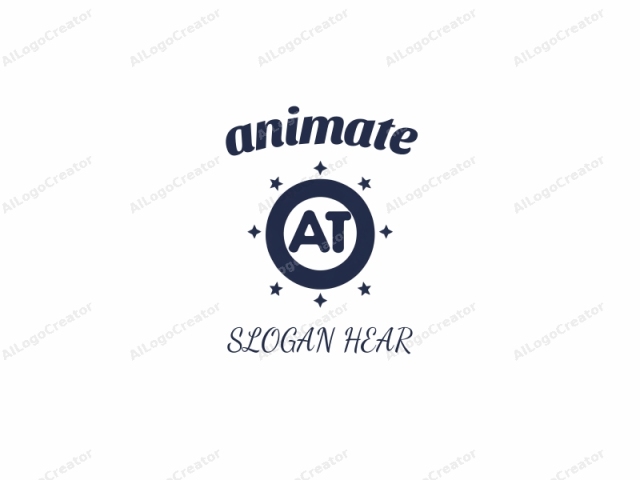 This logo image is a minimalist, geometric design featuring bold, uppercase letters in a dark navy blue color. Central to the image is the word "AT" enclosed within a circular border also in navy blue. The letters are prominently displayed with a modern