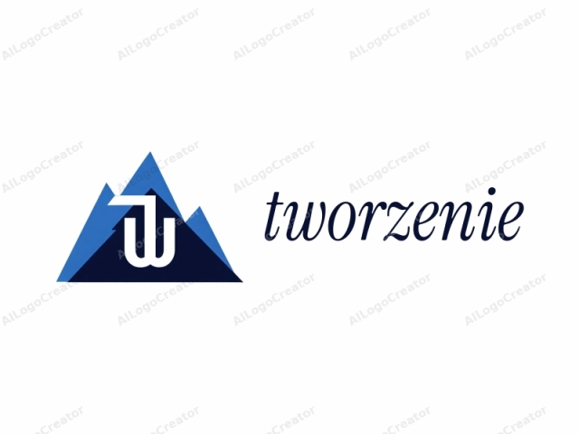 Este logo presenta un diseño minimalista centrado en una letra "W" estilizada en azul, superpuesta sobre un triángulo azul dentro de un trapecio azul más grande. El trapecio ocupa la mitad inferior de la imagen, con su base