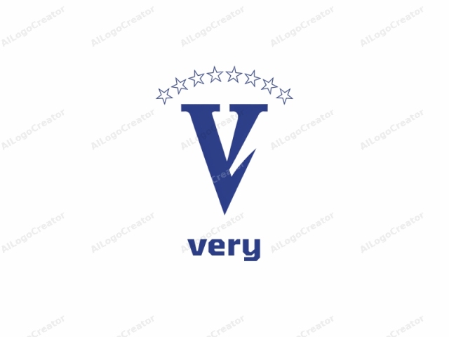 Este es un logo digital minimalista que presenta una letra "V" en mayúscula y audaz en un tono azul marino profundo sobre un fondo blanco puro. La letra "V" está diseñada con líneas limpias y angulares y una ligera estrechez hacia la parte inferior, creando